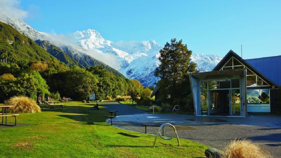 Mt Cook Visitor Centre with Alps in the background